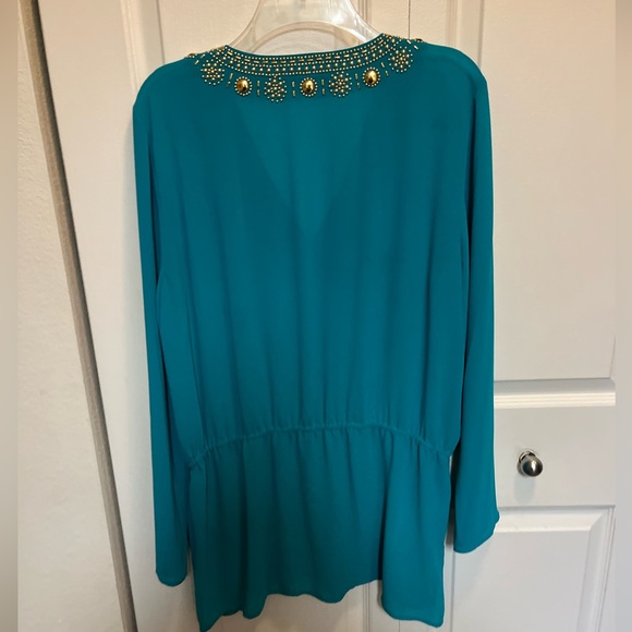 🟡MICHAEL KORS LOVED AUTHENTIC TEAL EMBELLISHED TUNIC V-NECK EMBELLISHED BLOUSE - Picture 6 of 14